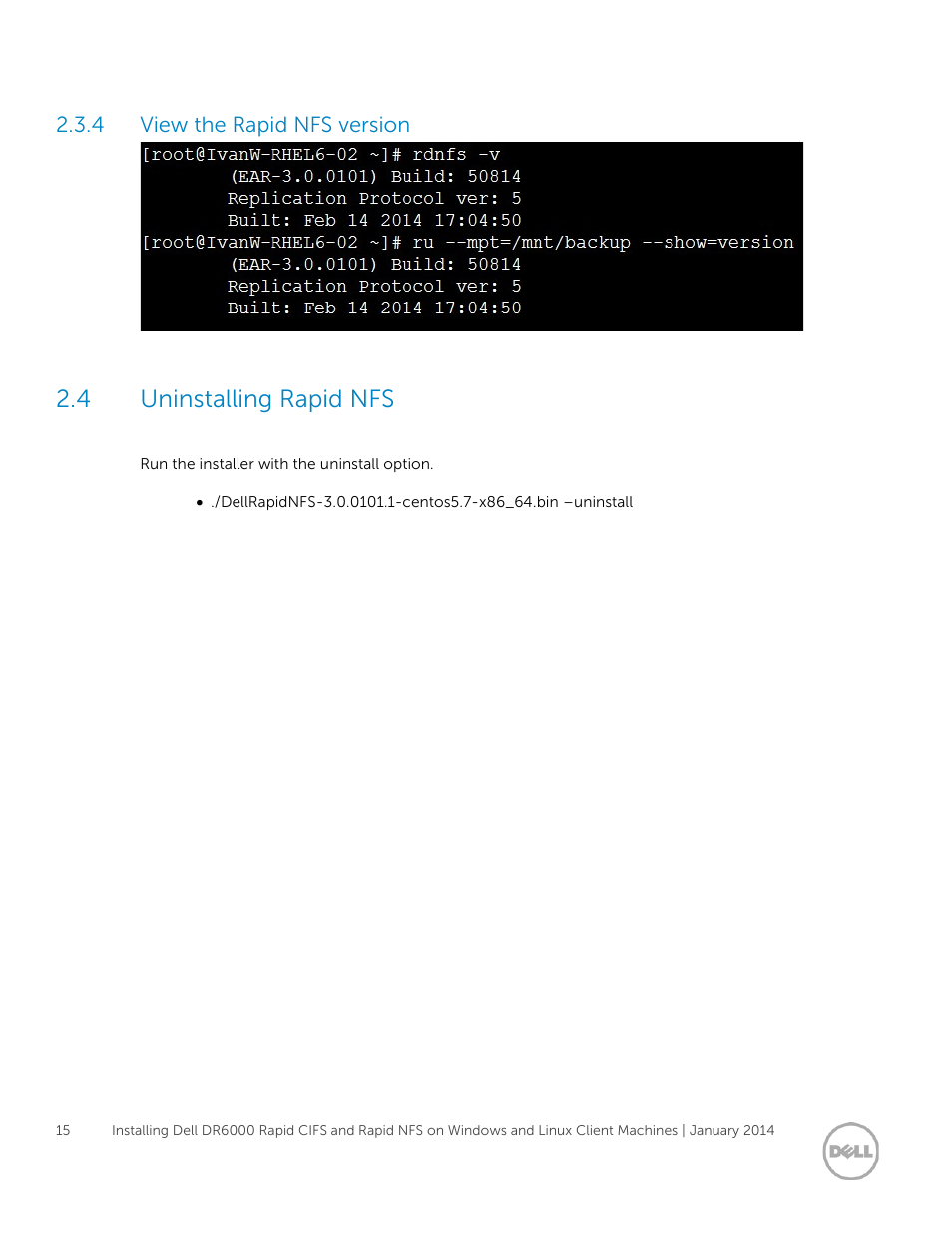 4 view the rapid nfs version, 4 uninstalling rapid nfs, View the rapid nfs version | Uninstalling rapid nfs | Dell PowerVault DR6000 User Manual | Page 15 / 15