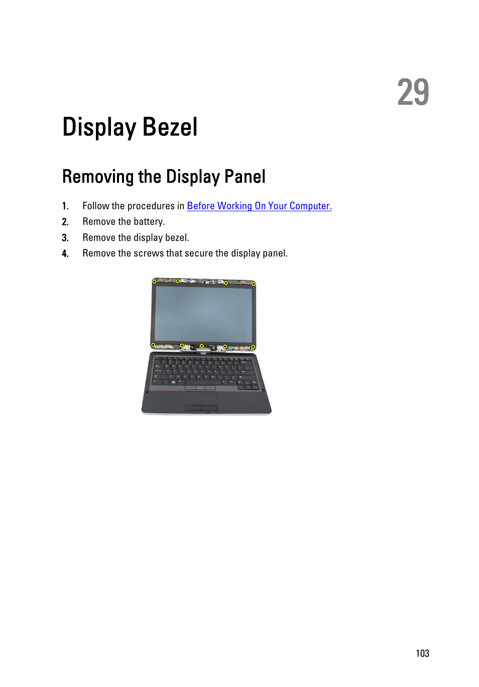 Display bezel, Removing the display panel, 29 display bezel | Dell Latitude XT3 (Mid 2011) User Manual | Page 103 / 147