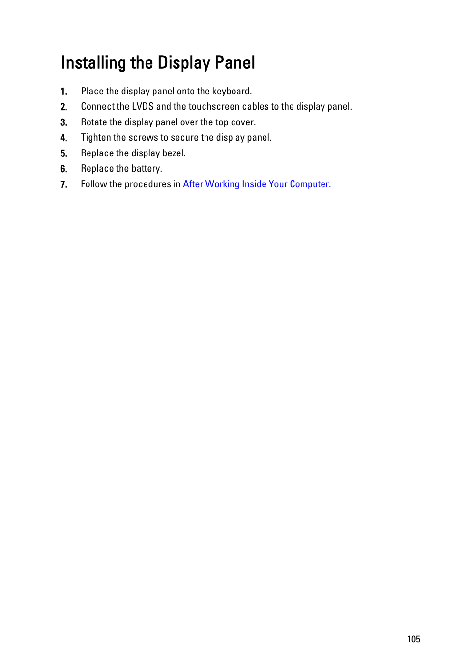 Installing the display panel | Dell Latitude XT3 (Mid 2011) User Manual | Page 105 / 147