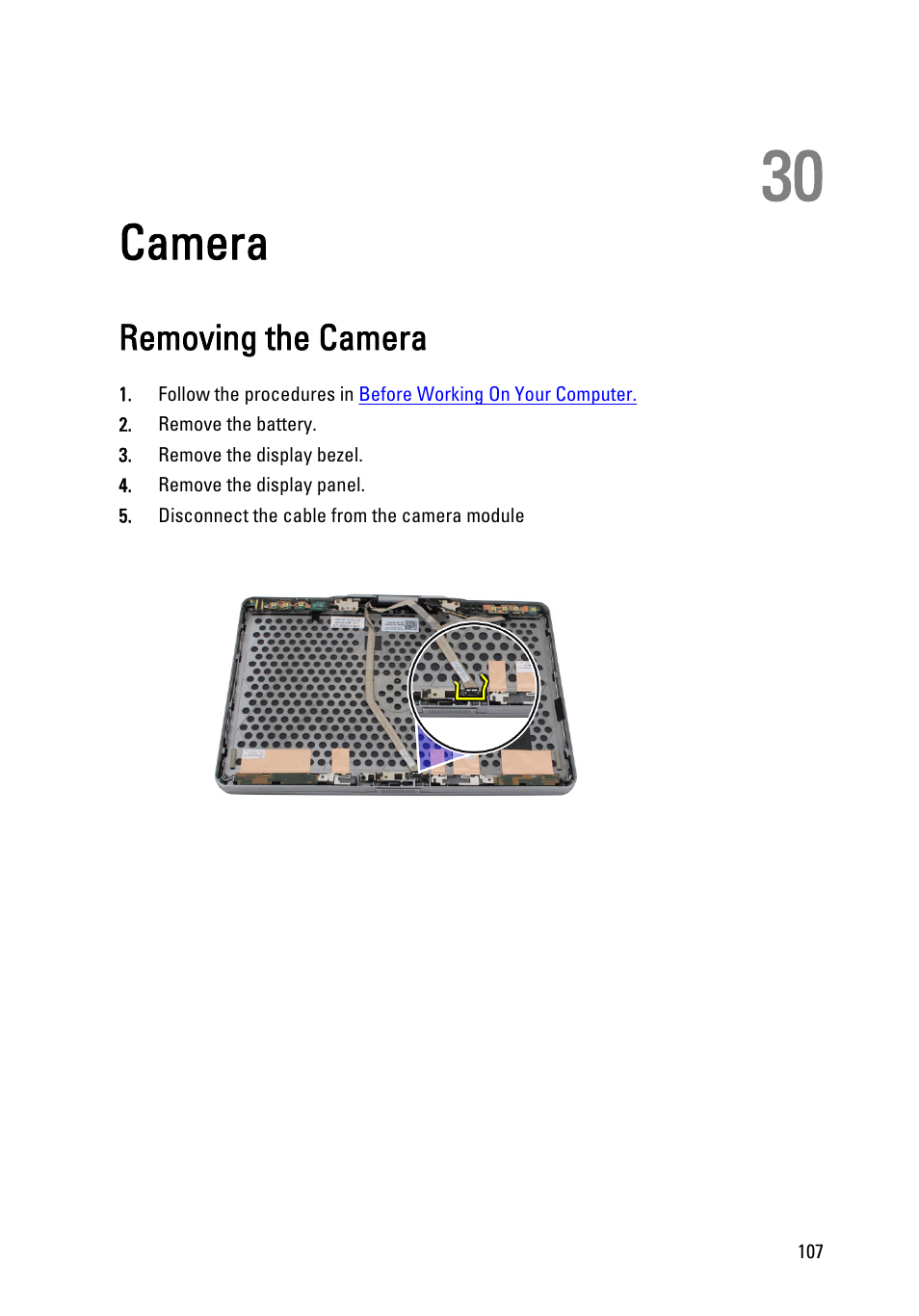Camera, Removing the camera, 30 camera | Dell Latitude XT3 (Mid 2011) User Manual | Page 107 / 147