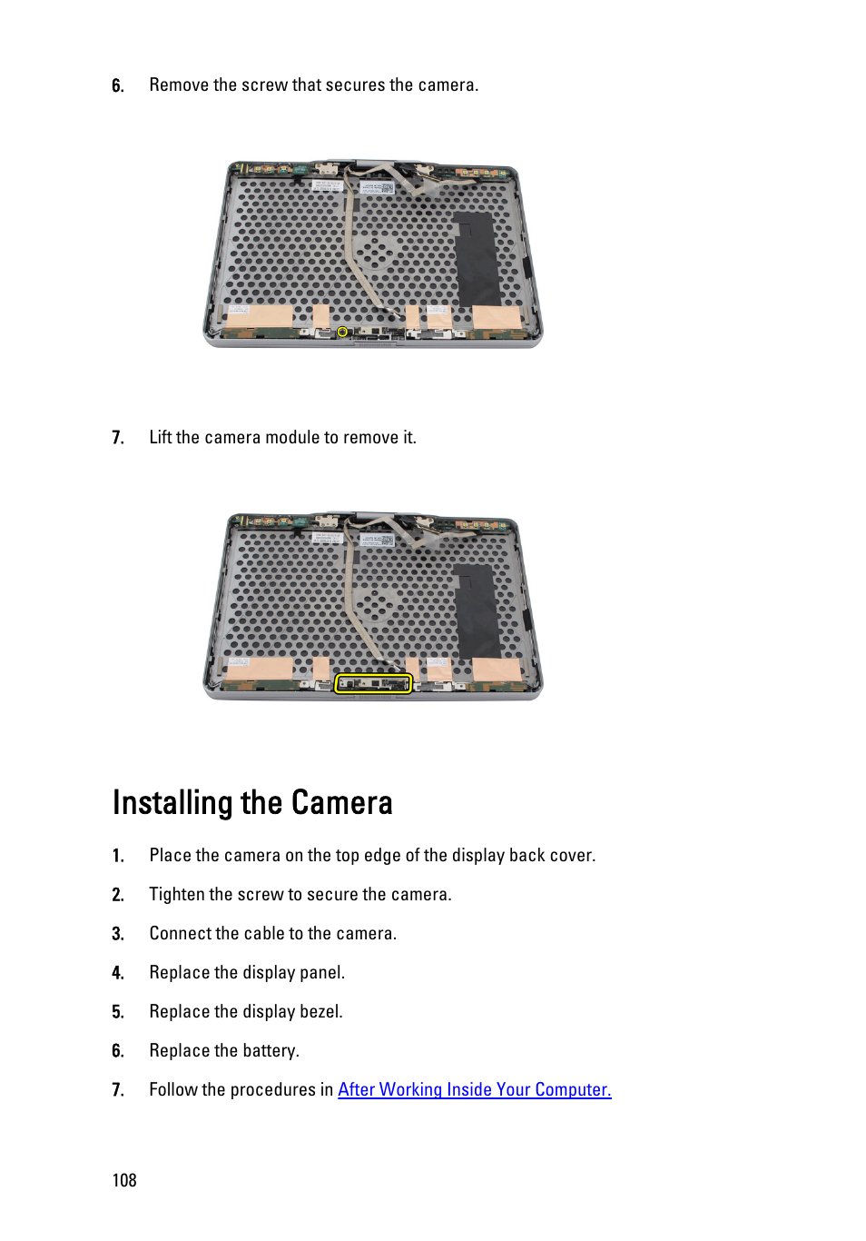 Installing the camera | Dell Latitude XT3 (Mid 2011) User Manual | Page 108 / 147
