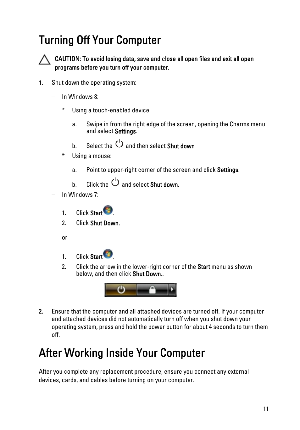 Turning off your computer, After working inside your computer | Dell Latitude XT3 (Mid 2011) User Manual | Page 11 / 147