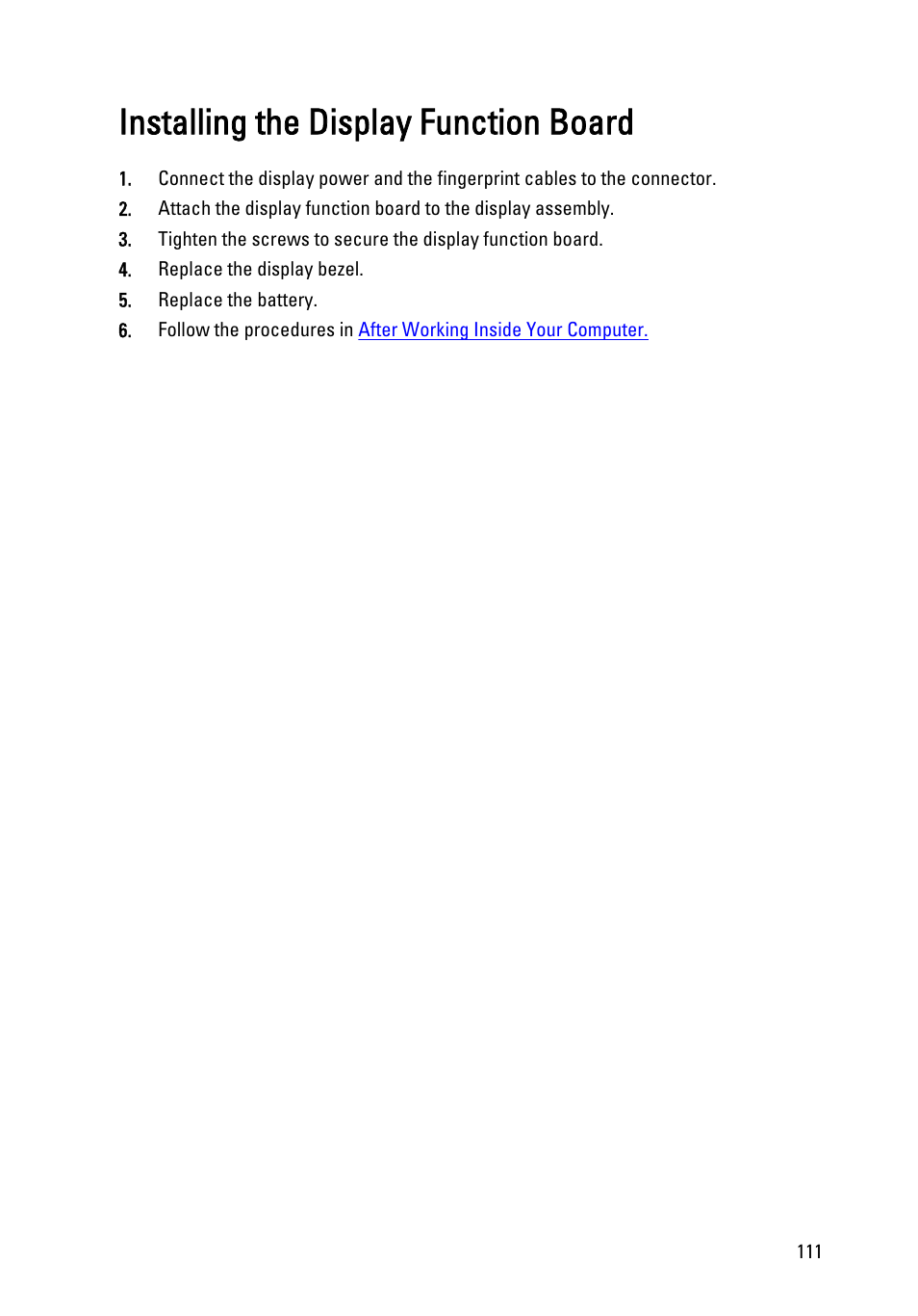 Installing the display function board | Dell Latitude XT3 (Mid 2011) User Manual | Page 111 / 147