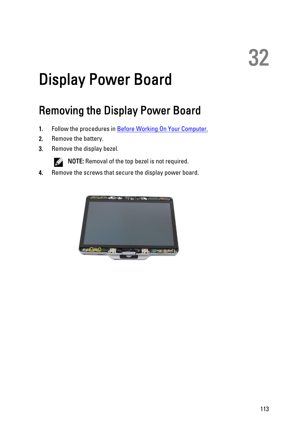 Display power board, Removing the display power board, 32 display power board | Dell Latitude XT3 (Mid 2011) User Manual | Page 113 / 147