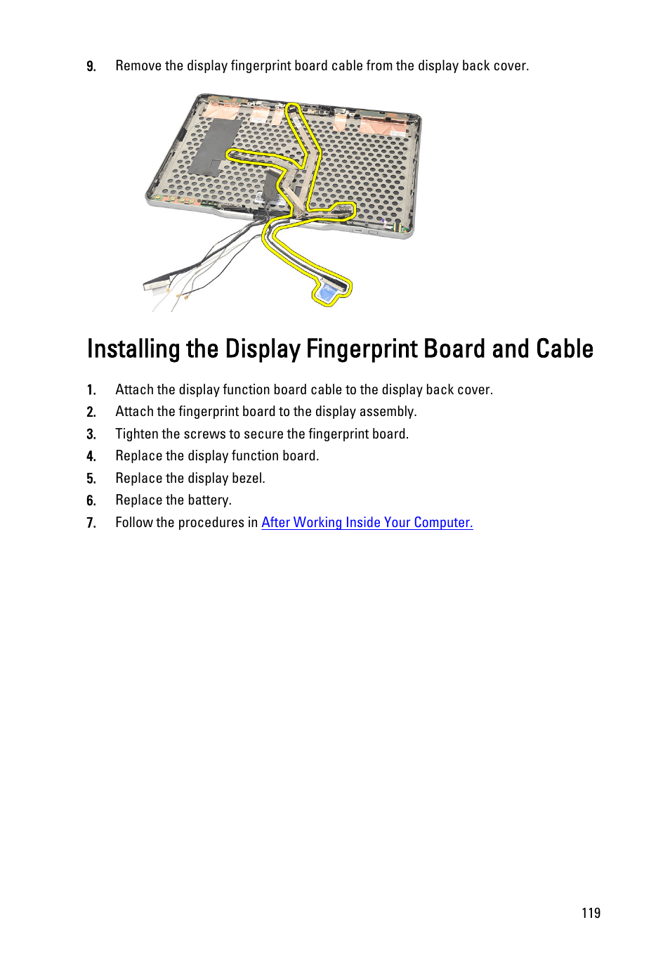 Installing the display fingerprint board and cable | Dell Latitude XT3 (Mid 2011) User Manual | Page 119 / 147