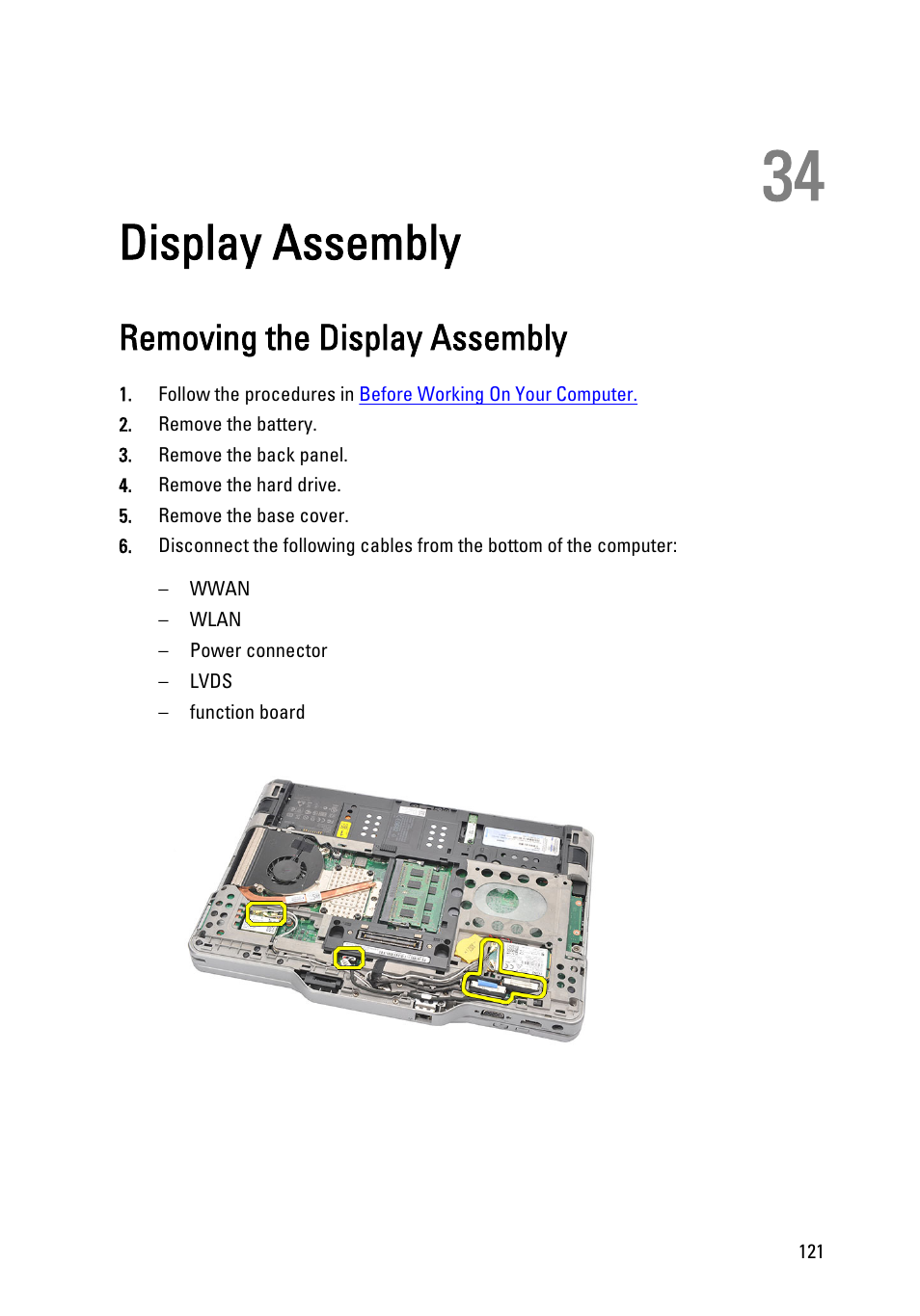 Display assembly, Removing the display assembly, 34 display assembly | Dell Latitude XT3 (Mid 2011) User Manual | Page 121 / 147
