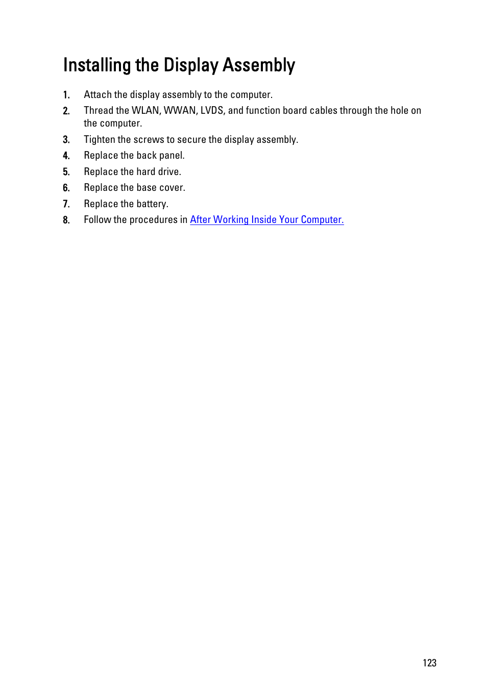 Installing the display assembly | Dell Latitude XT3 (Mid 2011) User Manual | Page 123 / 147