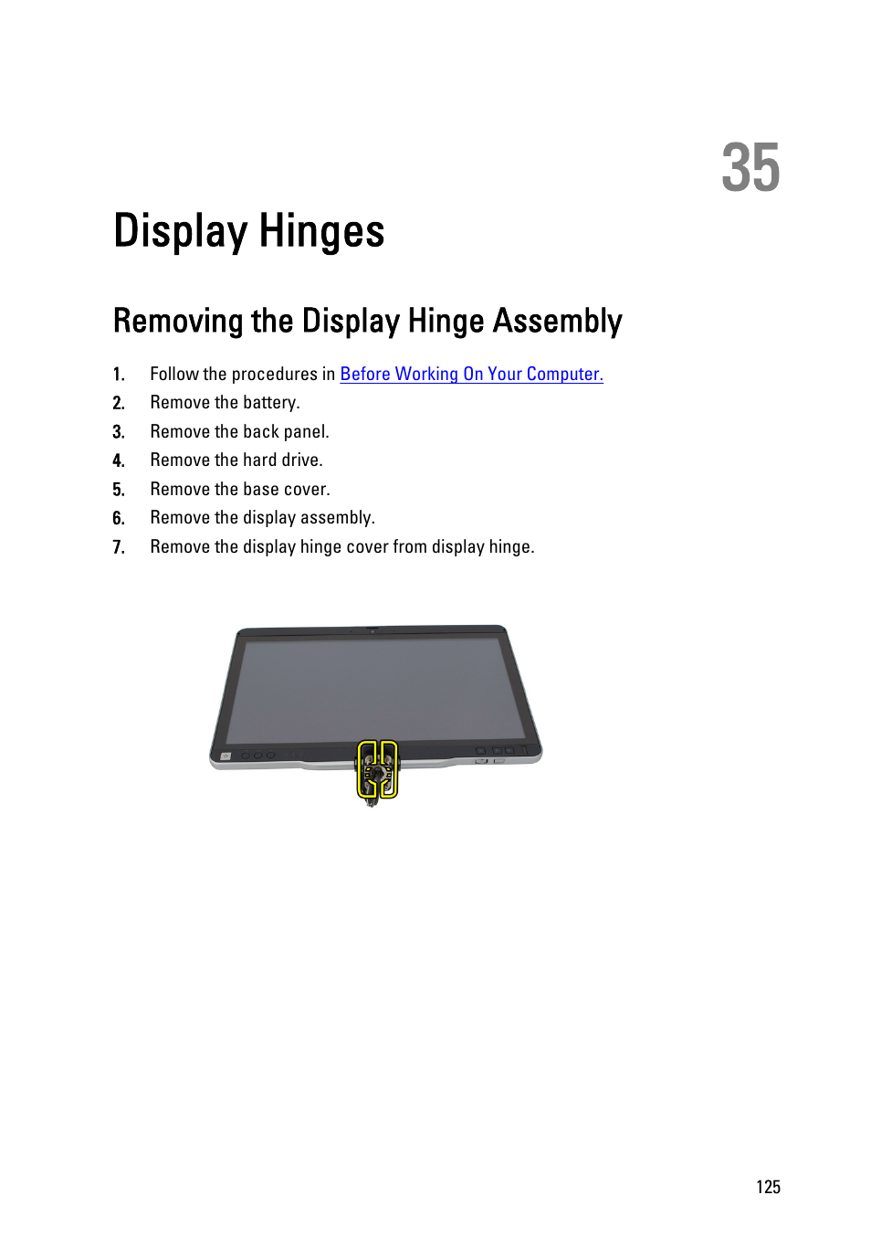 Display hinges, Removing the display hinge assembly, 35 display hinges | Dell Latitude XT3 (Mid 2011) User Manual | Page 125 / 147