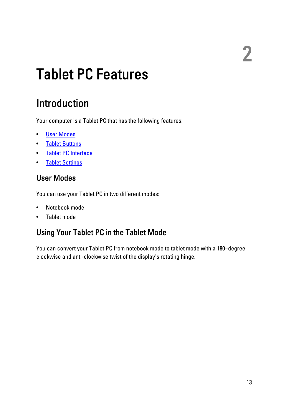 Tablet pc features, Introduction, User modes | Using your tablet pc in the tablet mode, 2 tablet pc features | Dell Latitude XT3 (Mid 2011) User Manual | Page 13 / 147