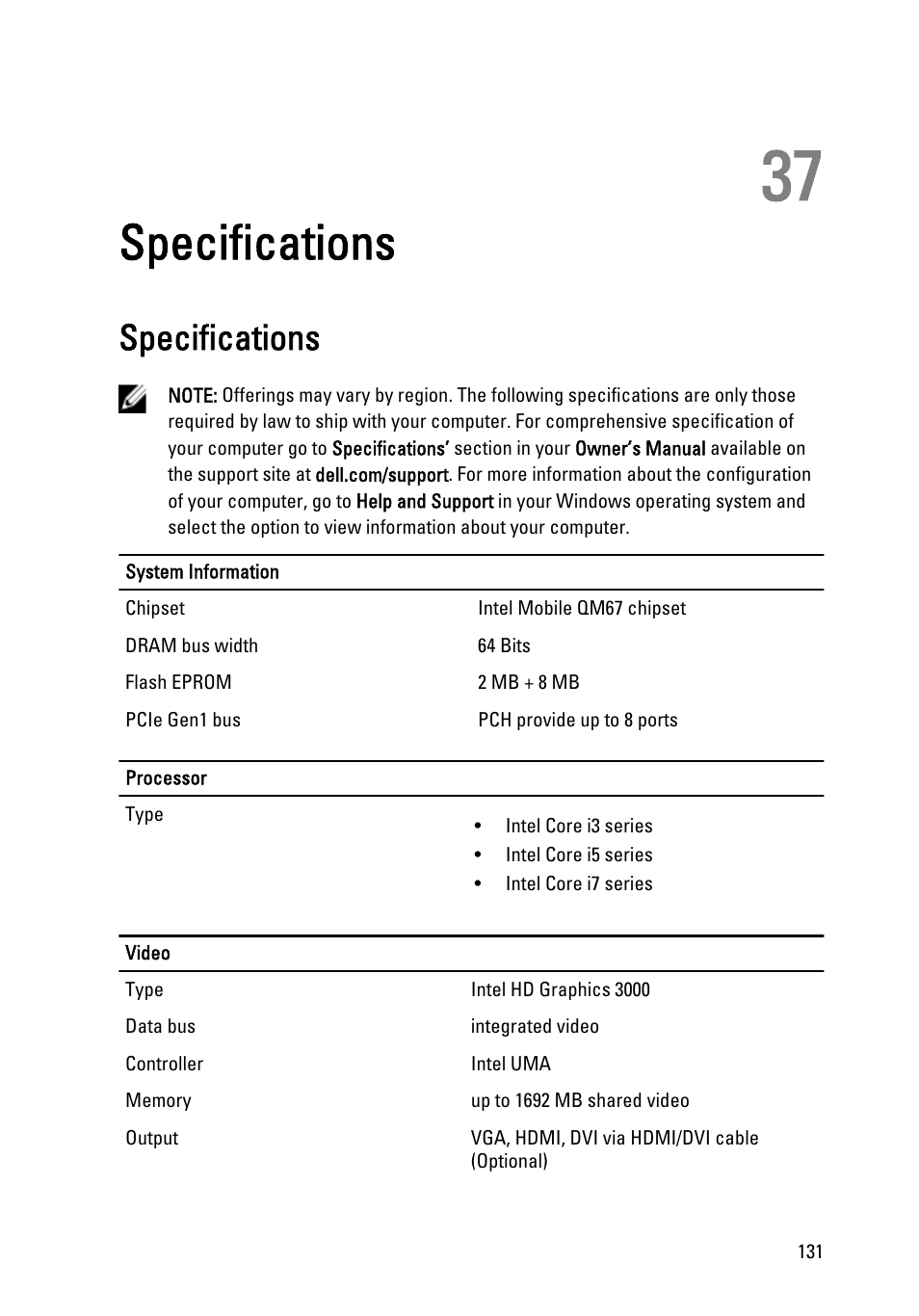 Specifications, 37 specifications | Dell Latitude XT3 (Mid 2011) User Manual | Page 131 / 147