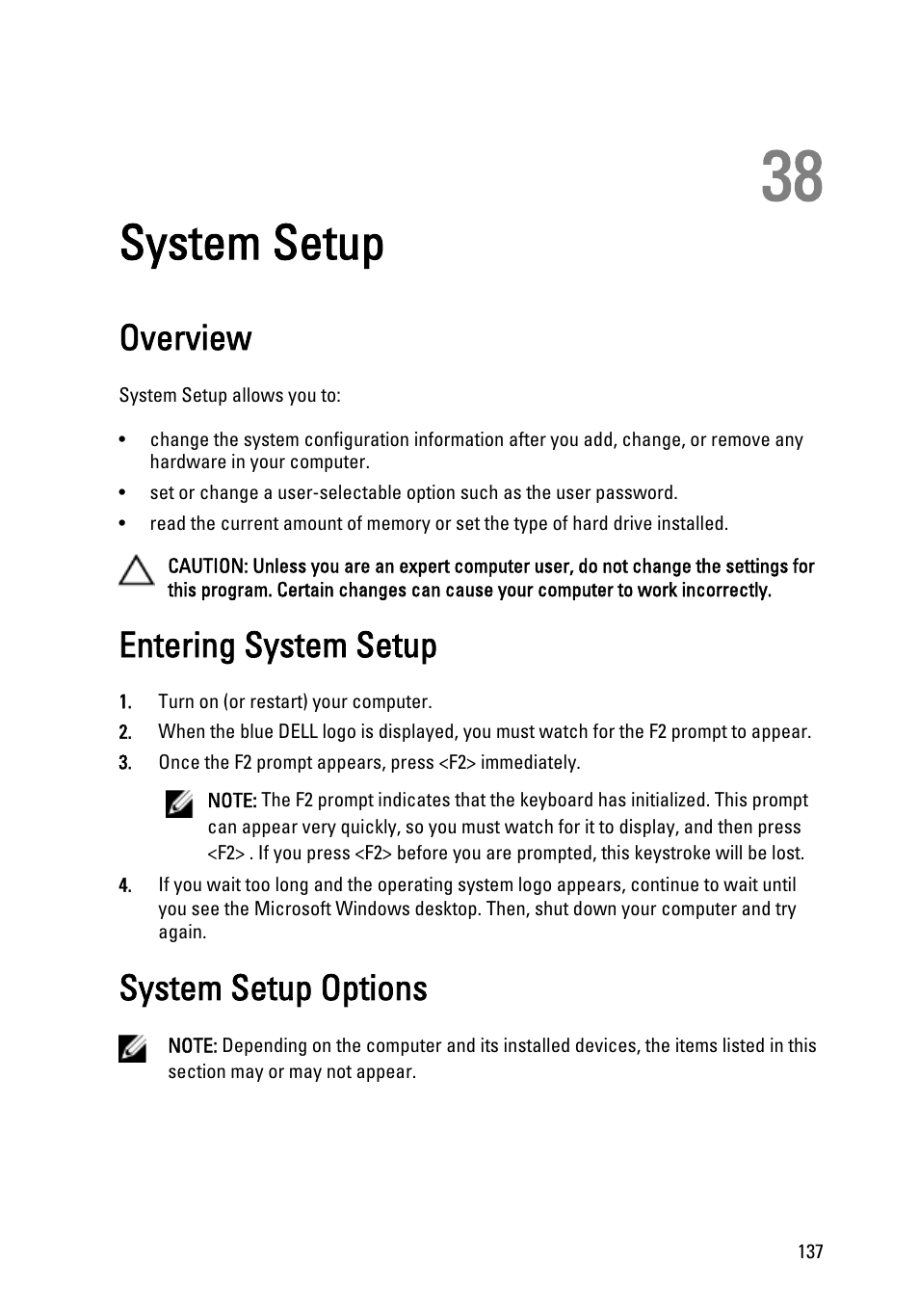 System setup, Overview, Entering system setup | System setup options, 38 system setup | Dell Latitude XT3 (Mid 2011) User Manual | Page 137 / 147