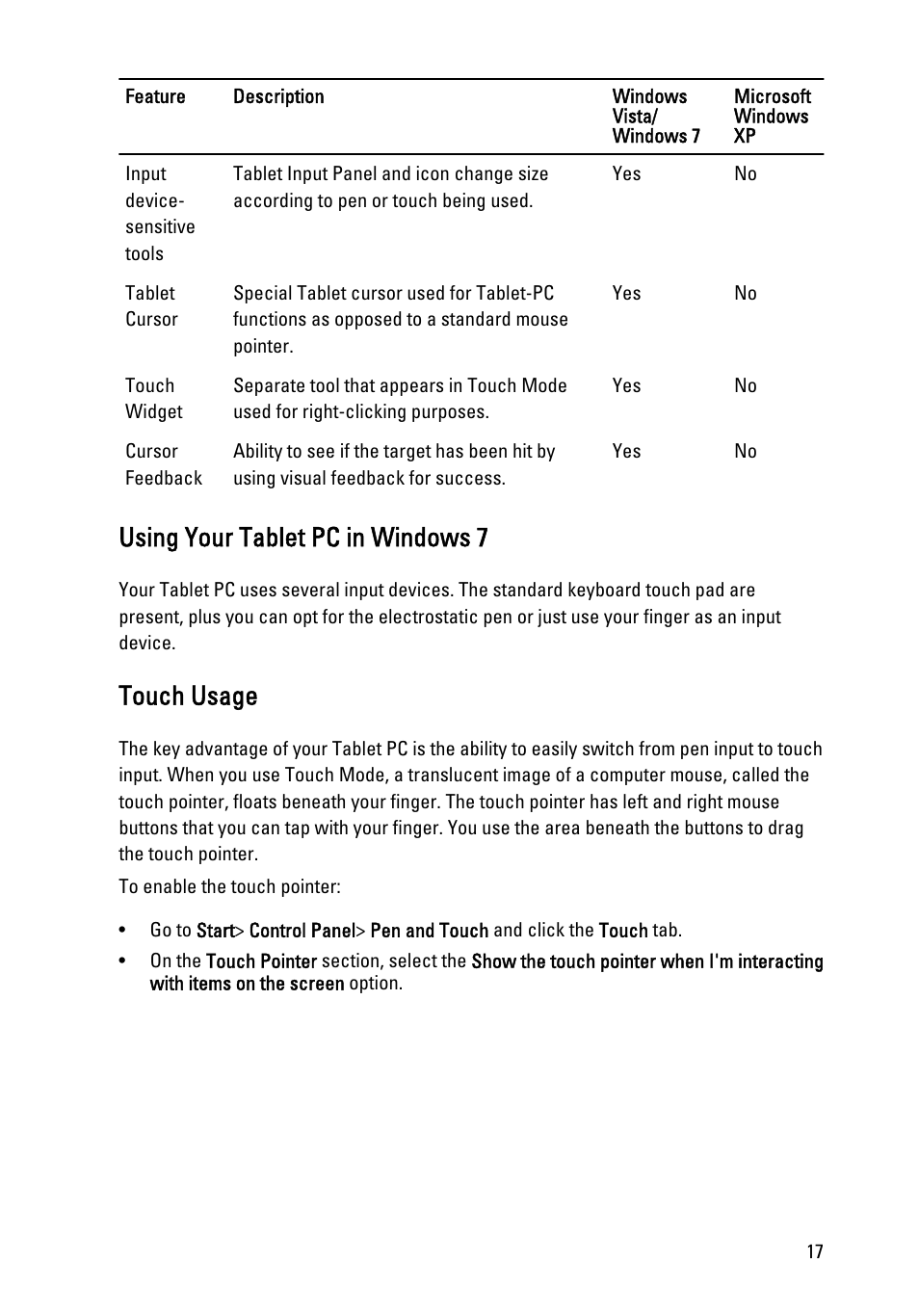 Using your tablet pc in windows 7, Touch usage | Dell Latitude XT3 (Mid 2011) User Manual | Page 17 / 147