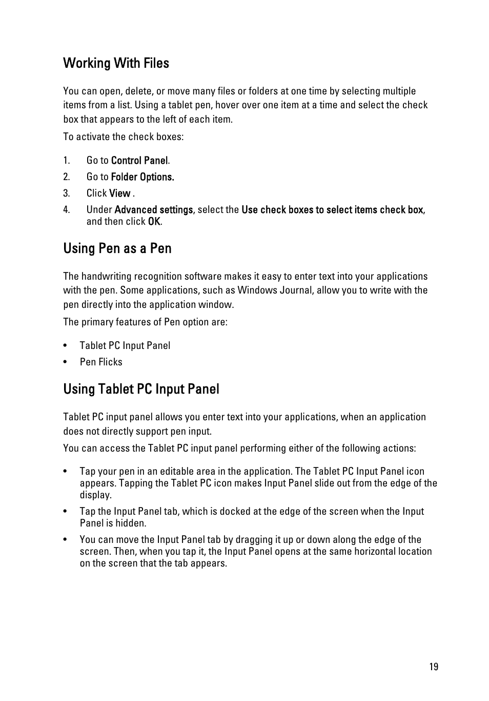 Working with files, Using pen as a pen, Using tablet pc input panel | Dell Latitude XT3 (Mid 2011) User Manual | Page 19 / 147