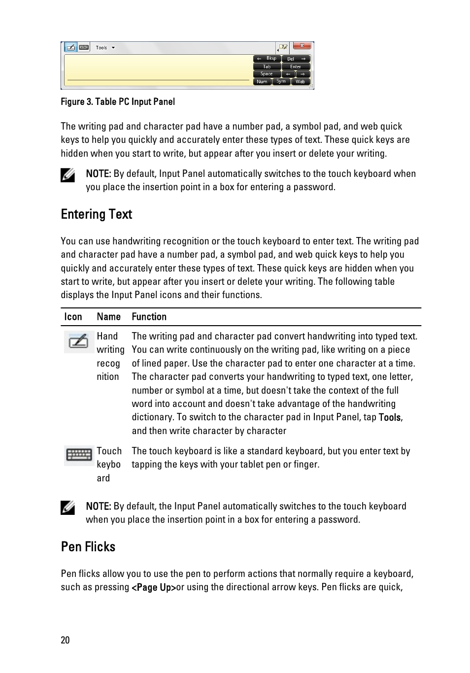 Entering text, Pen flicks | Dell Latitude XT3 (Mid 2011) User Manual | Page 20 / 147