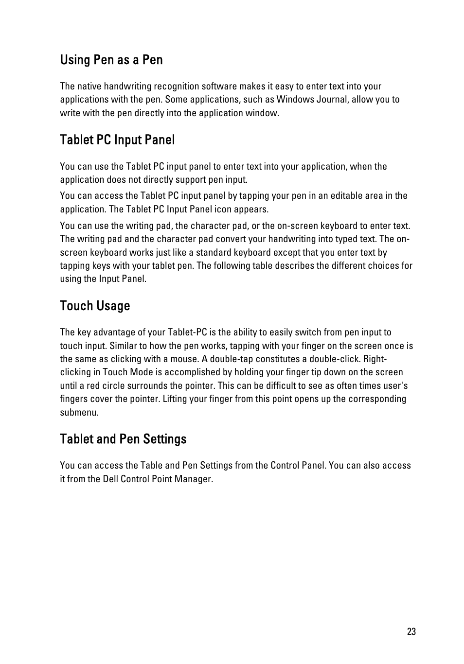 Using pen as a pen, Tablet pc input panel, Touch usage | Tablet and pen settings | Dell Latitude XT3 (Mid 2011) User Manual | Page 23 / 147