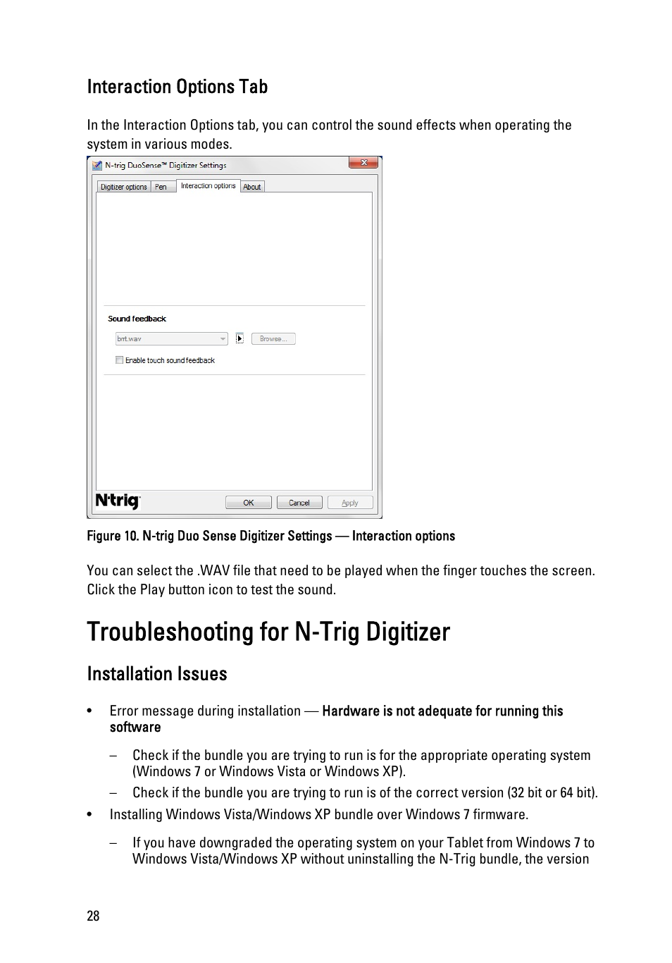 Interaction options tab, Troubleshooting for n-trig digitizer, Installation issues | Dell Latitude XT3 (Mid 2011) User Manual | Page 28 / 147