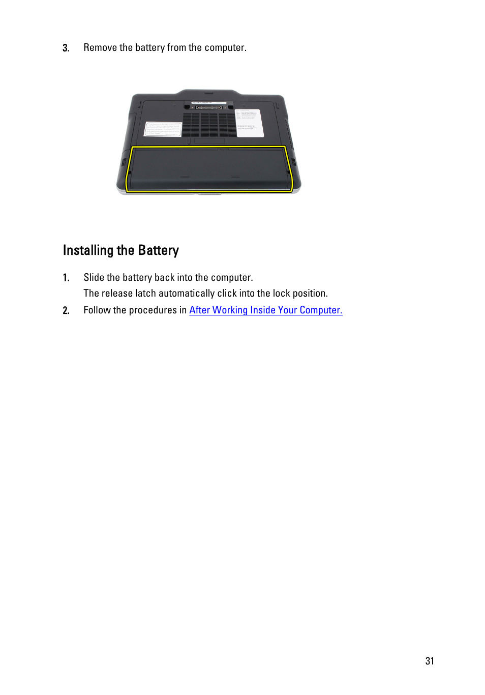 Installing the battery | Dell Latitude XT3 (Mid 2011) User Manual | Page 31 / 147