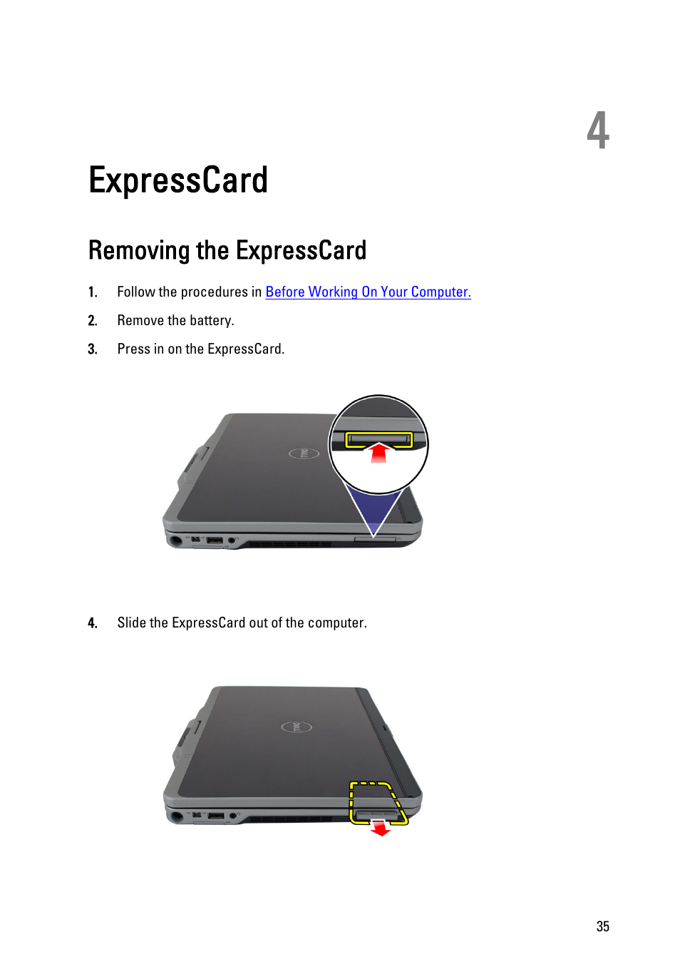 Expresscard, Removing the expresscard, 4 expresscard | Dell Latitude XT3 (Mid 2011) User Manual | Page 35 / 147