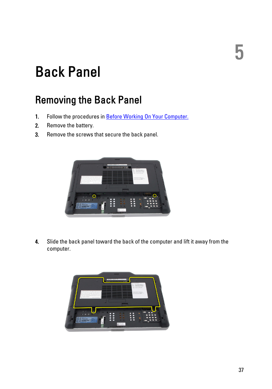 Back panel, Removing the back panel, 5 back panel | Dell Latitude XT3 (Mid 2011) User Manual | Page 37 / 147