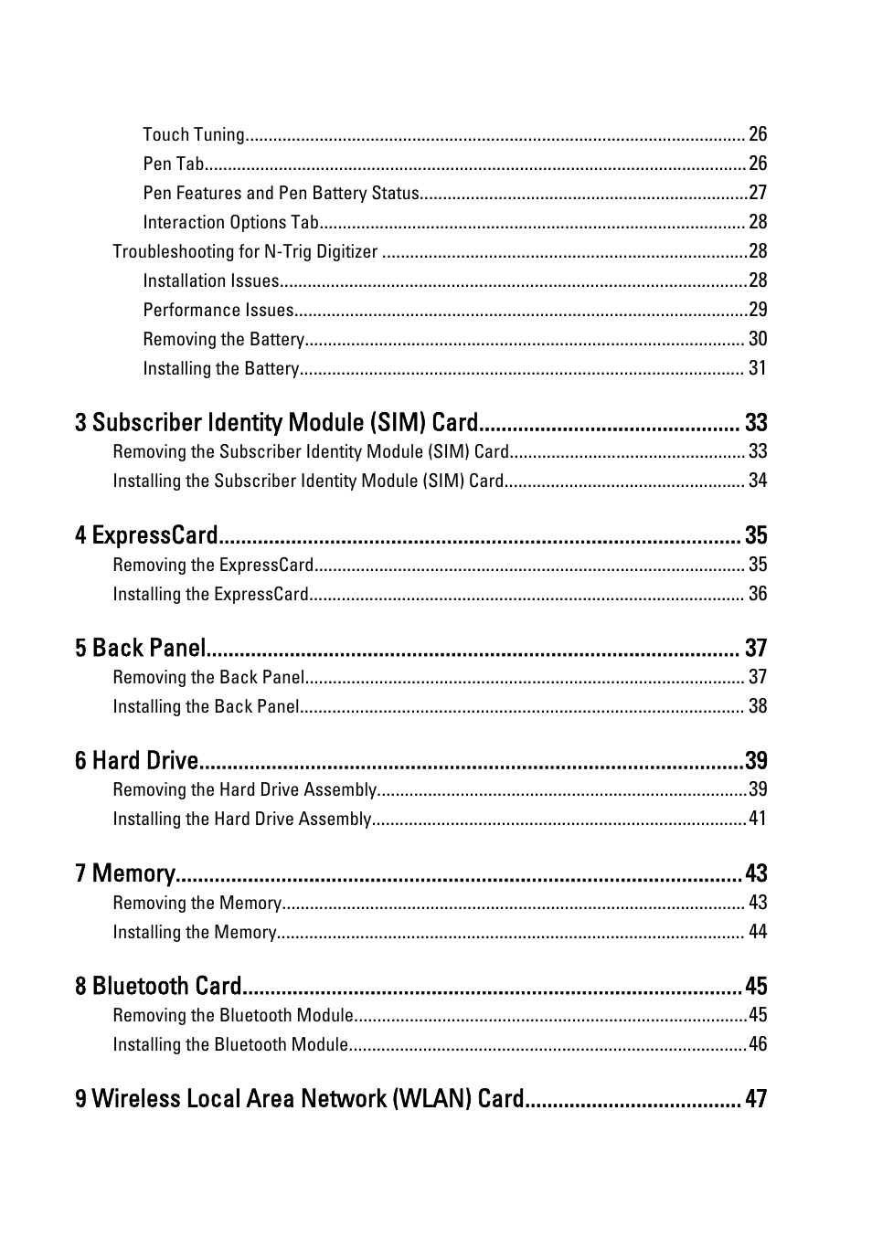 3 subscriber identity module (sim) card, 4 expresscard, 5 back panel | 6 hard drive, 8 bluetooth card, 9 wireless local area network (wlan) card | Dell Latitude XT3 (Mid 2011) User Manual | Page 4 / 147