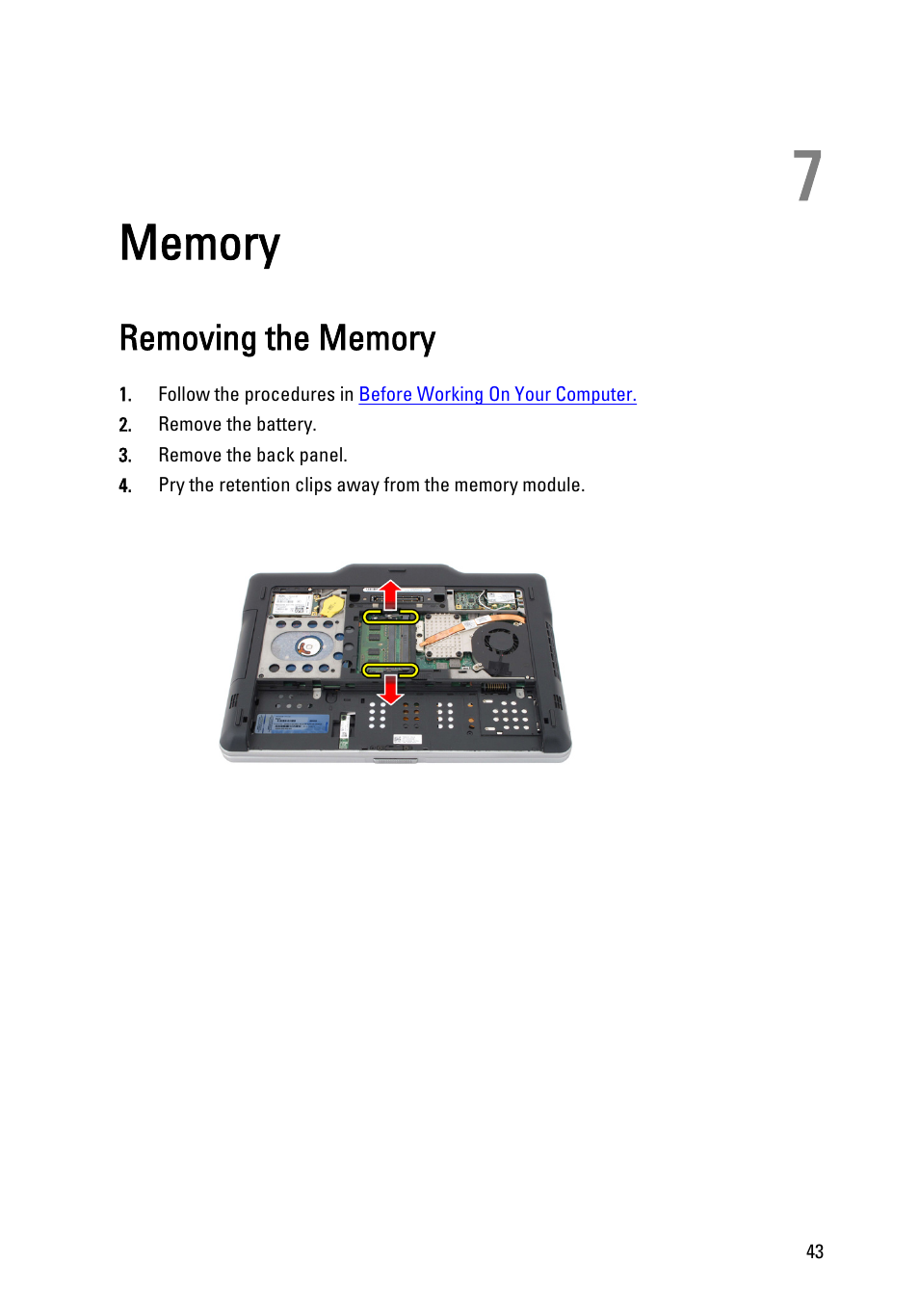 Memory, Removing the memory, 7 memory | Dell Latitude XT3 (Mid 2011) User Manual | Page 43 / 147
