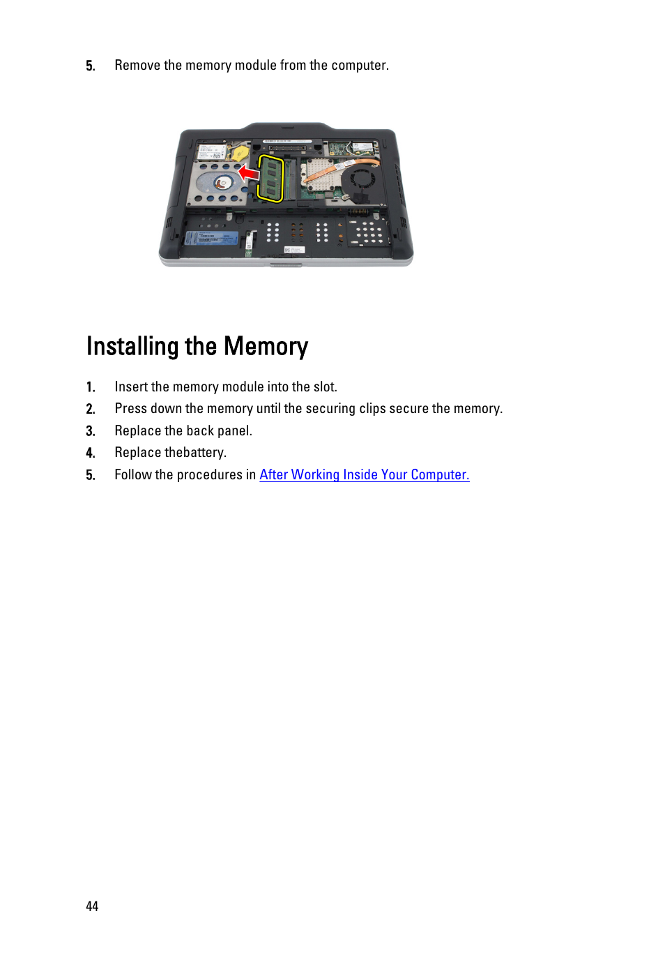 Installing the memory | Dell Latitude XT3 (Mid 2011) User Manual | Page 44 / 147