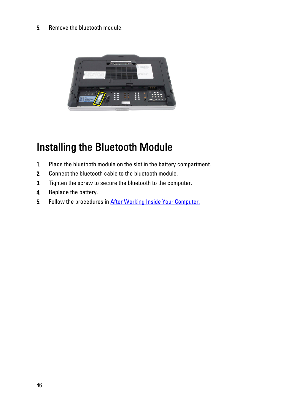 Installing the bluetooth module | Dell Latitude XT3 (Mid 2011) User Manual | Page 46 / 147