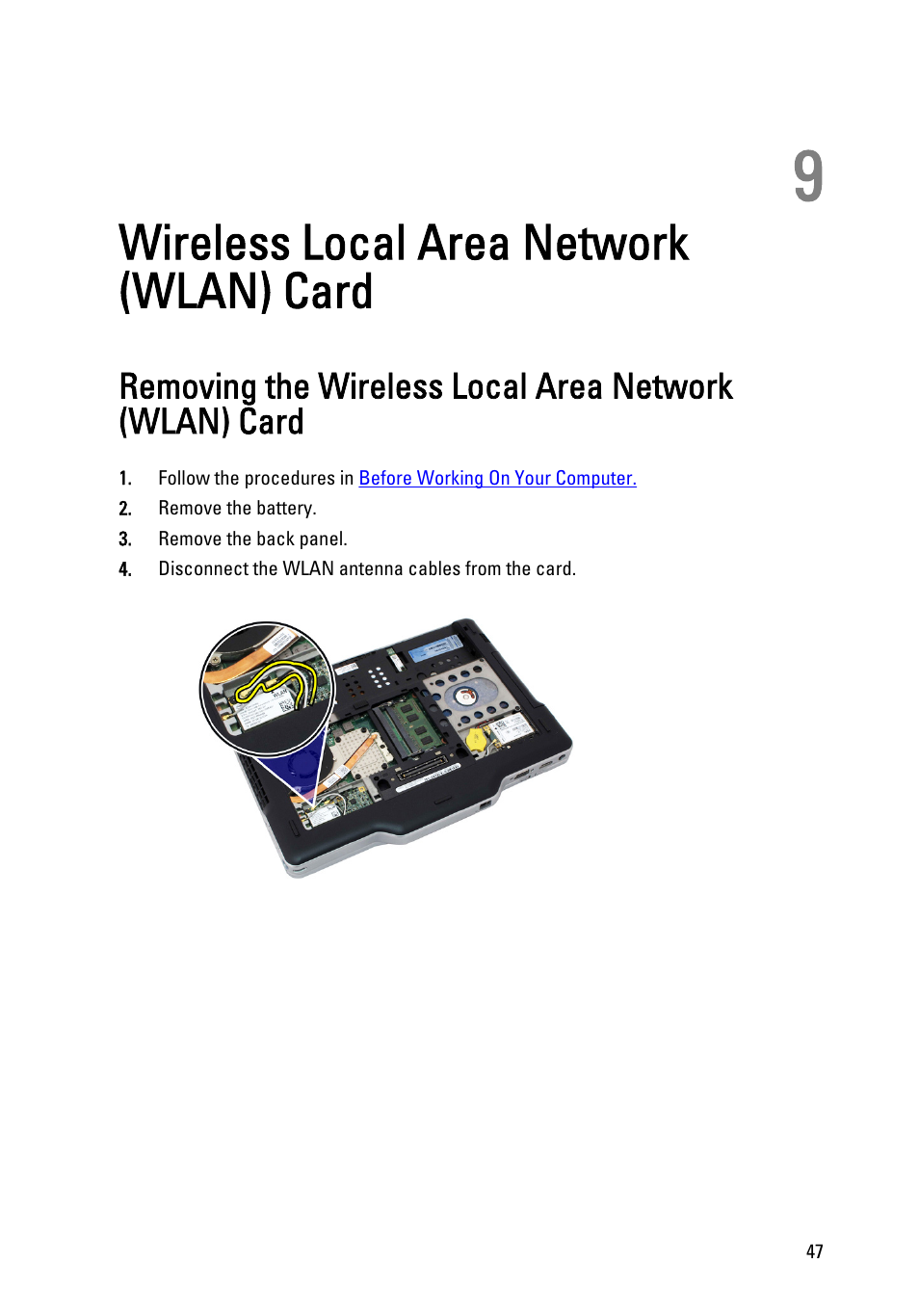 Wireless local area network (wlan) card, 9 wireless local area network (wlan) card | Dell Latitude XT3 (Mid 2011) User Manual | Page 47 / 147