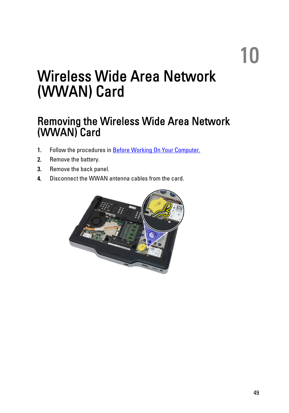 Wireless wide area network (wwan) card, 10 wireless wide area network (wwan) card | Dell Latitude XT3 (Mid 2011) User Manual | Page 49 / 147