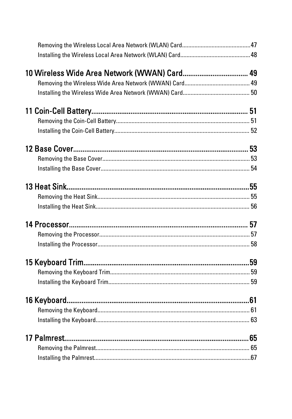 10 wireless wide area network (wwan) card, 11 coin-cell battery, 12 base cover | 13 heat sink, 14 processor, 15 keyboard trim, 16 keyboard, 17 palmrest | Dell Latitude XT3 (Mid 2011) User Manual | Page 5 / 147