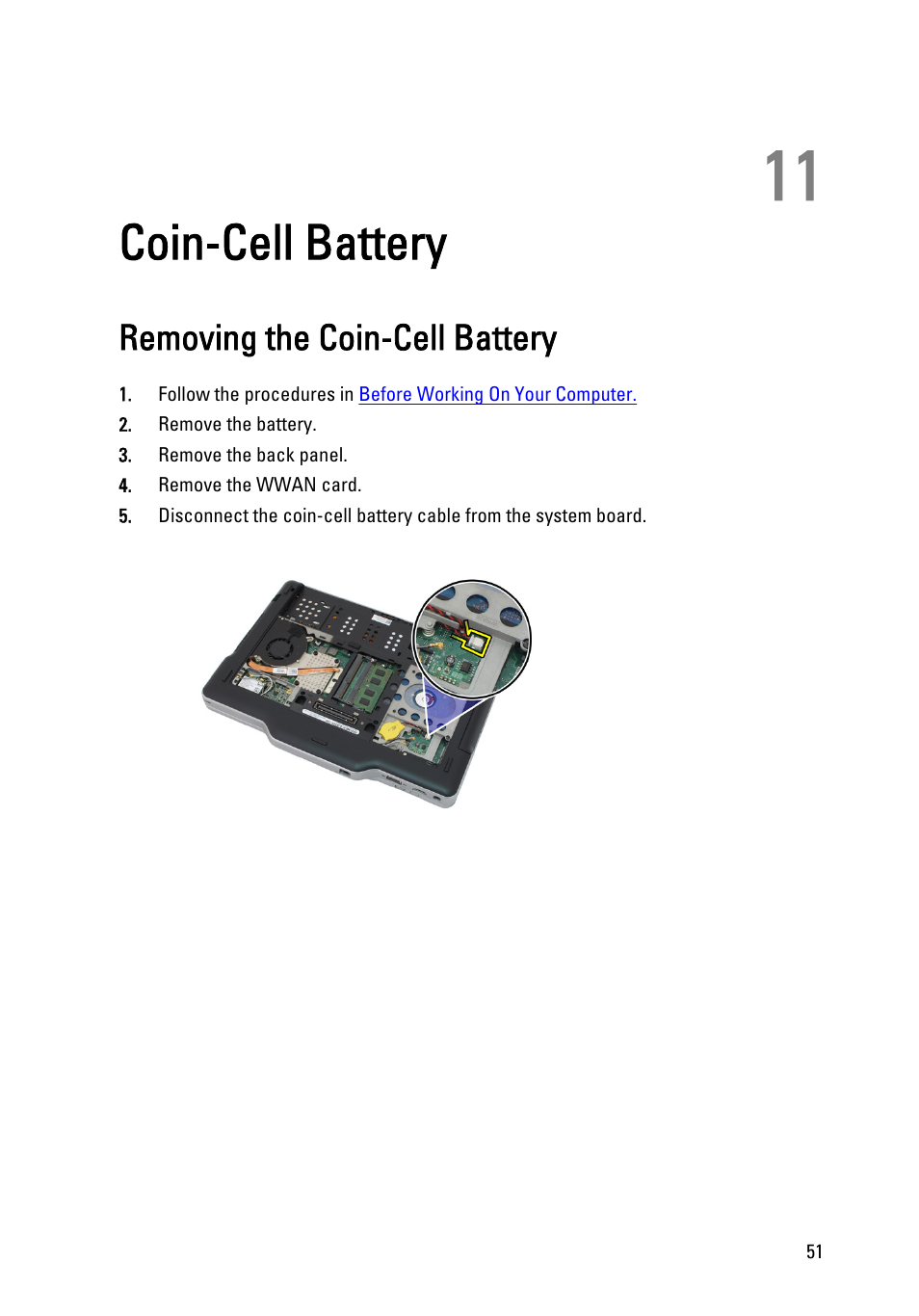 Coin-cell battery, Removing the coin-cell battery, 11 coin-cell battery | Dell Latitude XT3 (Mid 2011) User Manual | Page 51 / 147