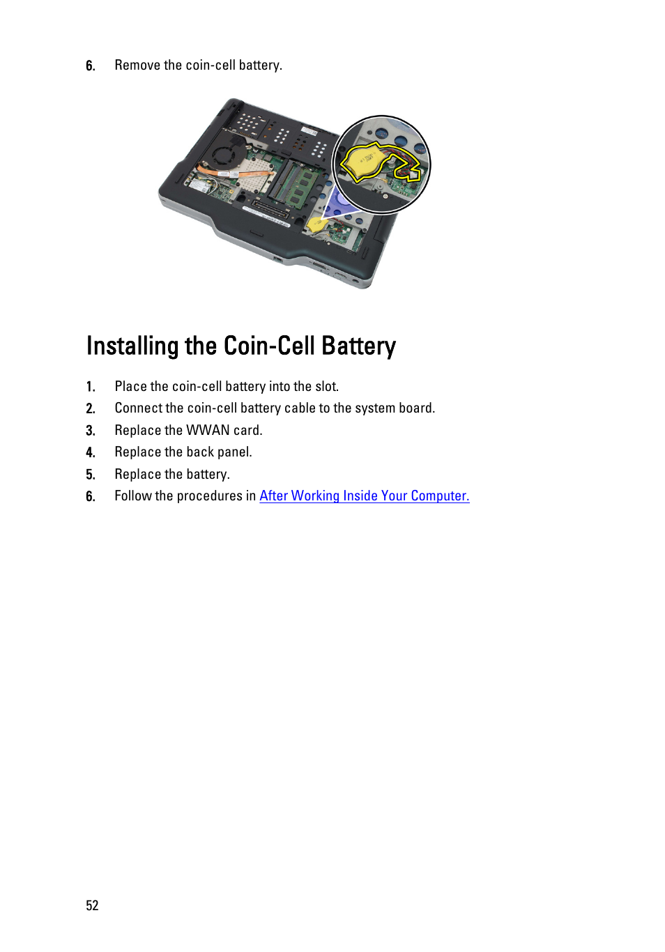 Installing the coin-cell battery | Dell Latitude XT3 (Mid 2011) User Manual | Page 52 / 147