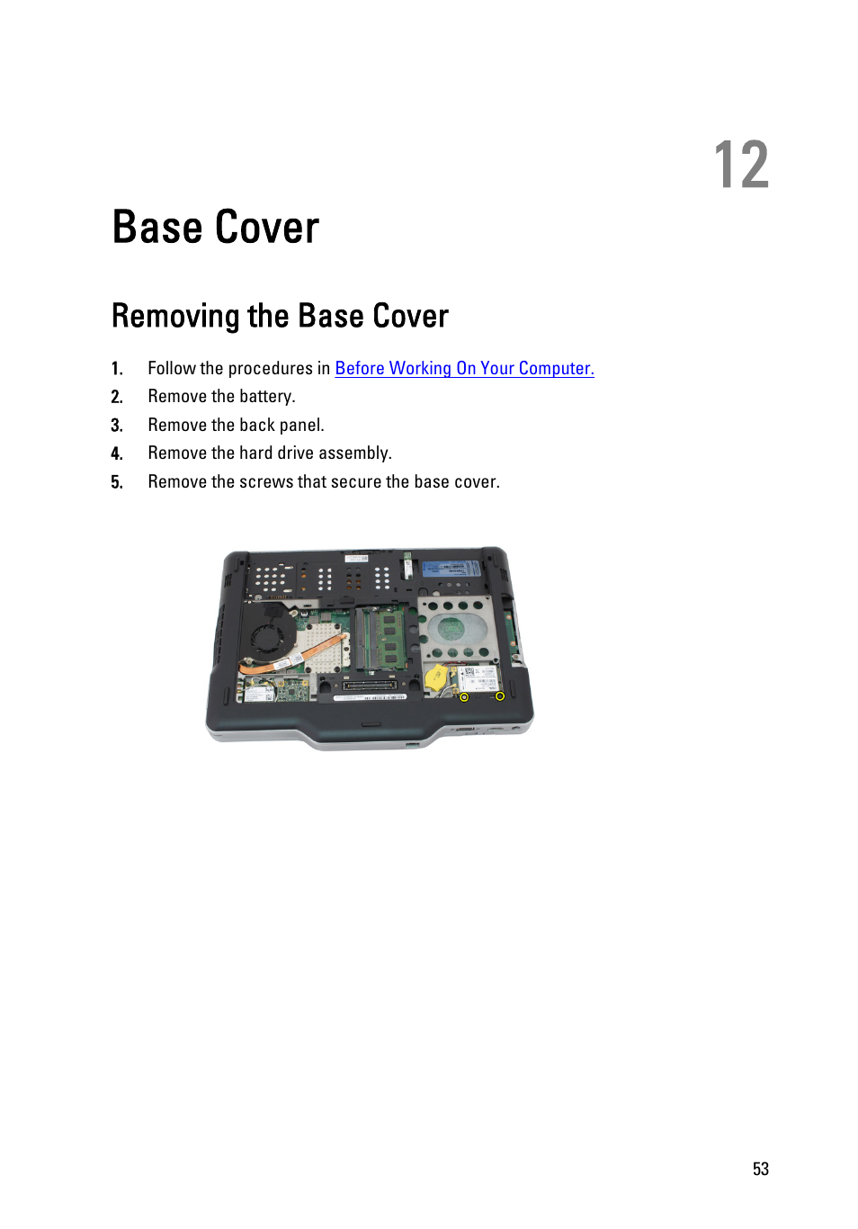 Base cover, Removing the base cover, 12 base cover | Dell Latitude XT3 (Mid 2011) User Manual | Page 53 / 147