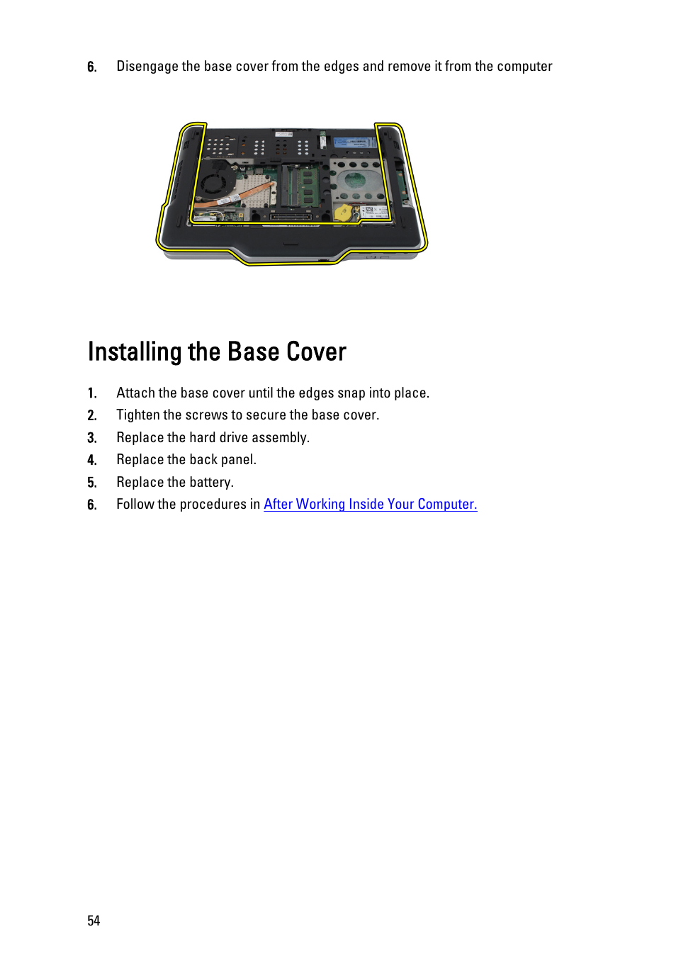 Installing the base cover | Dell Latitude XT3 (Mid 2011) User Manual | Page 54 / 147