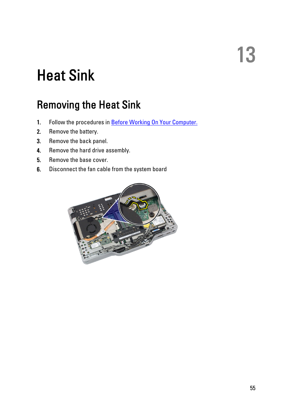 Heat sink, Removing the heat sink, 13 heat sink | Dell Latitude XT3 (Mid 2011) User Manual | Page 55 / 147
