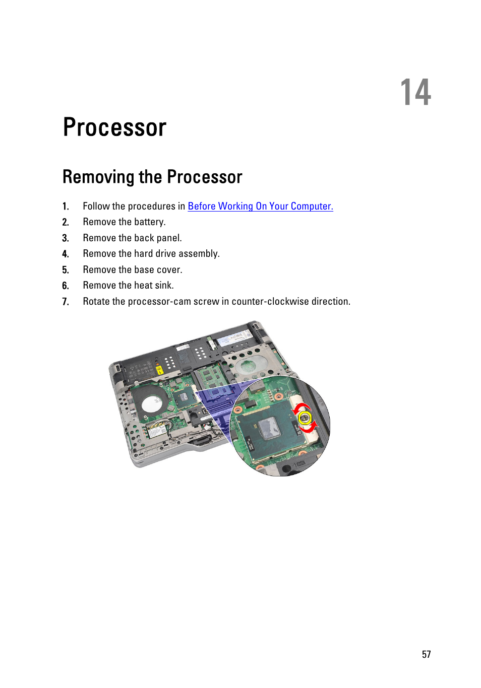 Processor, Removing the processor, 14 processor | Dell Latitude XT3 (Mid 2011) User Manual | Page 57 / 147