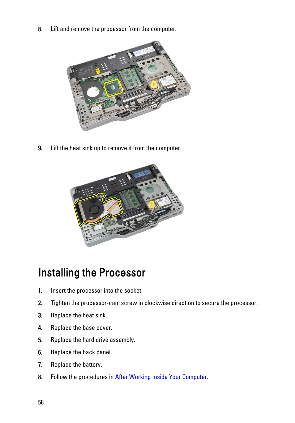 Installing the processor | Dell Latitude XT3 (Mid 2011) User Manual | Page 58 / 147