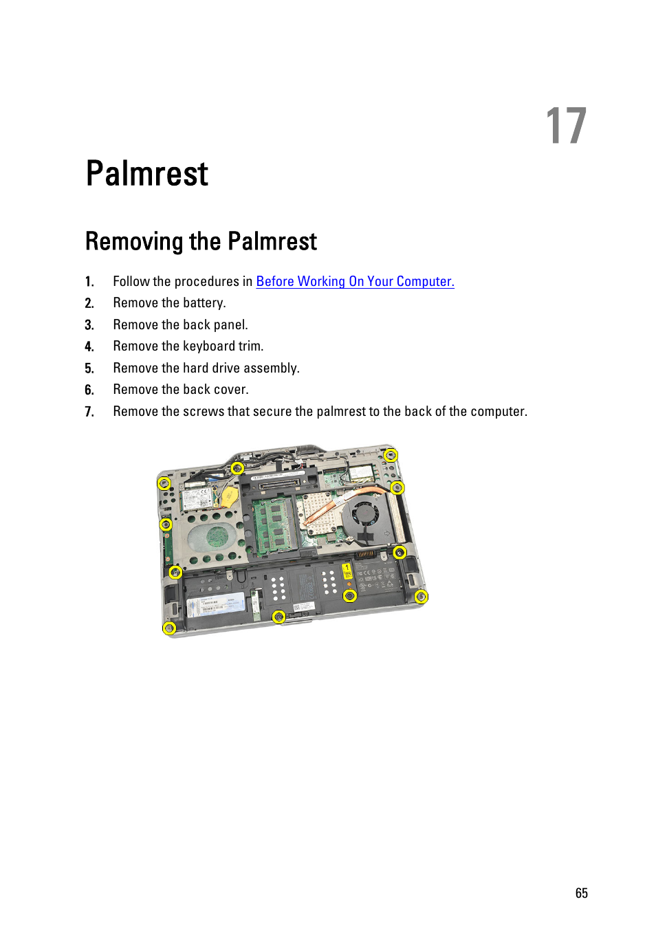 Palmrest, Removing the palmrest, 17 palmrest | Dell Latitude XT3 (Mid 2011) User Manual | Page 65 / 147