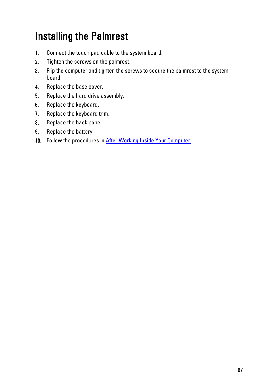 Installing the palmrest | Dell Latitude XT3 (Mid 2011) User Manual | Page 67 / 147