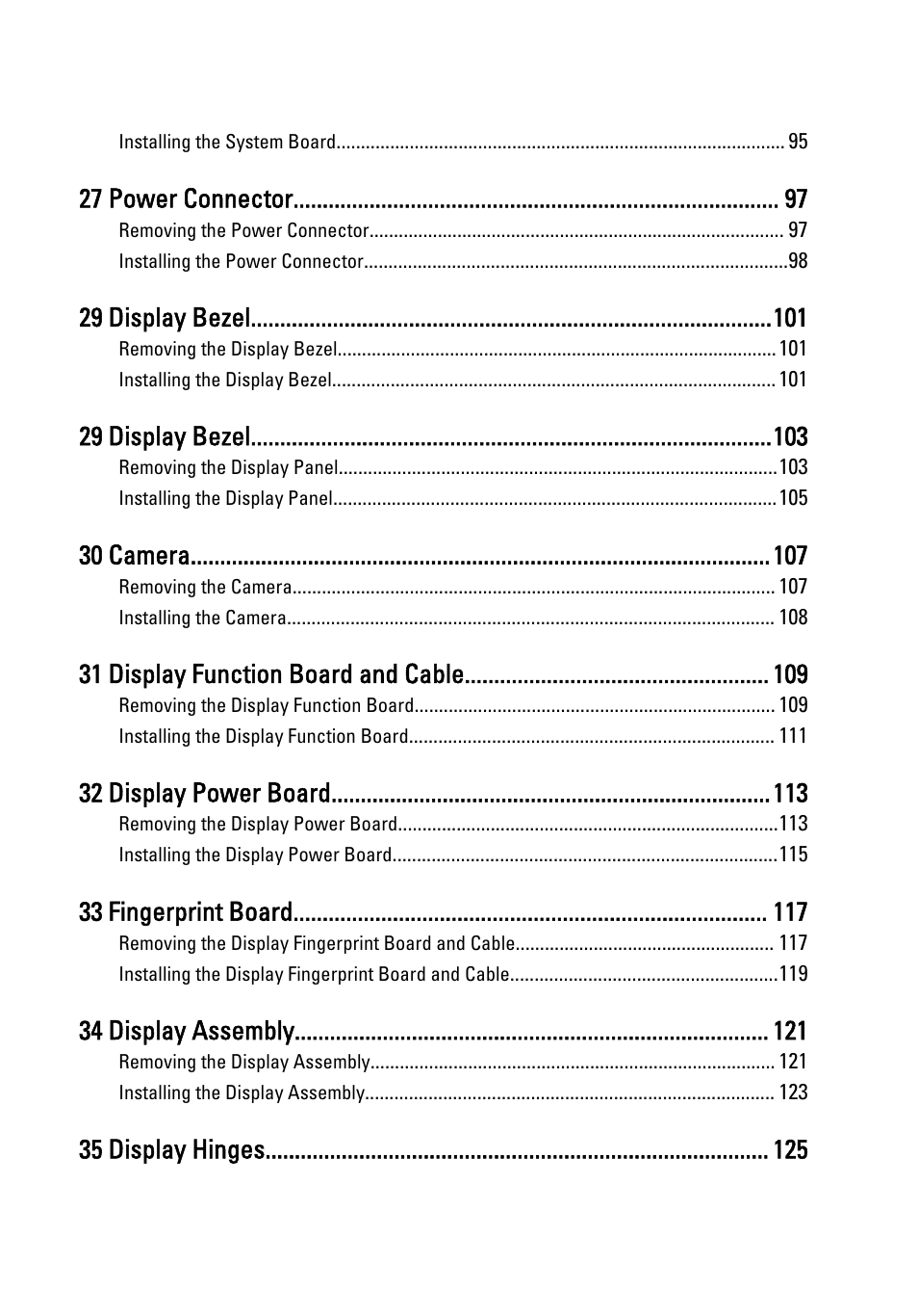 27 power connector, 29 display bezel, 30 camera | 31 display function board and cable, 32 display power board, 33 fingerprint board, 34 display assembly, 35 display hinges | Dell Latitude XT3 (Mid 2011) User Manual | Page 7 / 147
