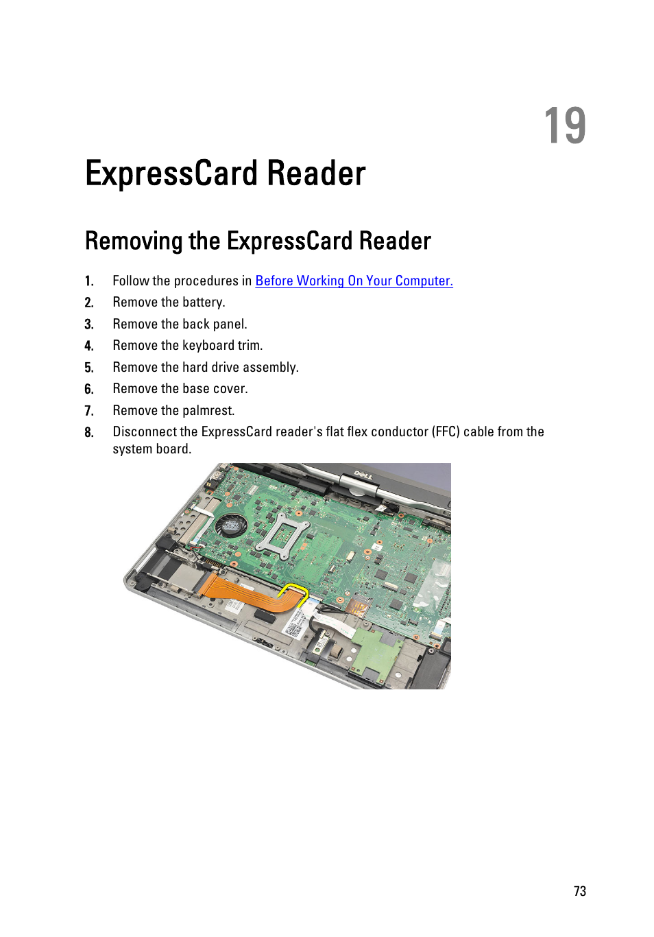 Expresscard reader, Removing the expresscard reader, 19 expresscard reader | Dell Latitude XT3 (Mid 2011) User Manual | Page 73 / 147