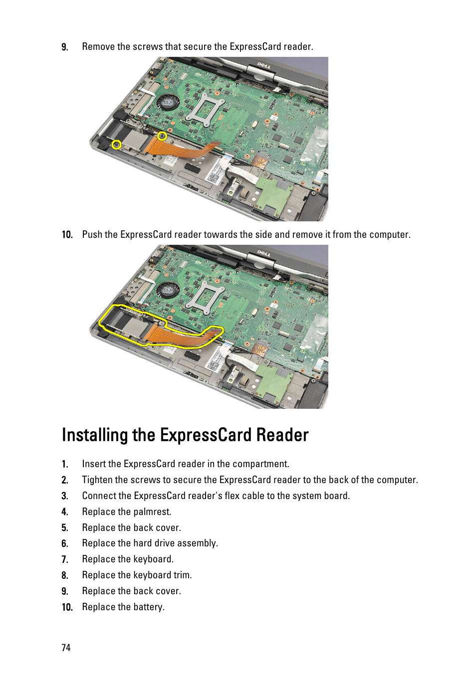Installing the expresscard reader | Dell Latitude XT3 (Mid 2011) User Manual | Page 74 / 147