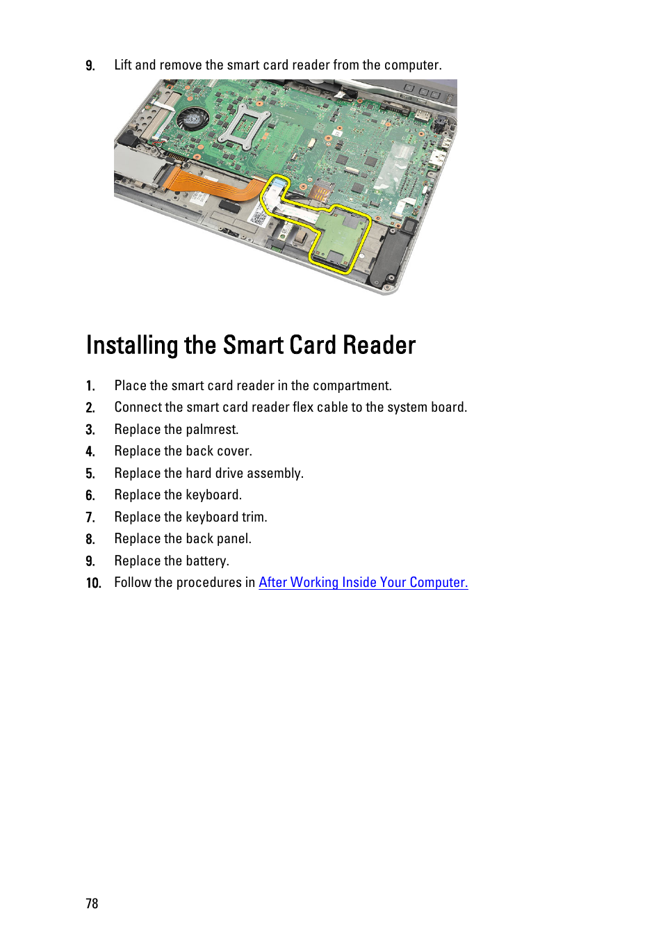 Installing the smart card reader | Dell Latitude XT3 (Mid 2011) User Manual | Page 78 / 147
