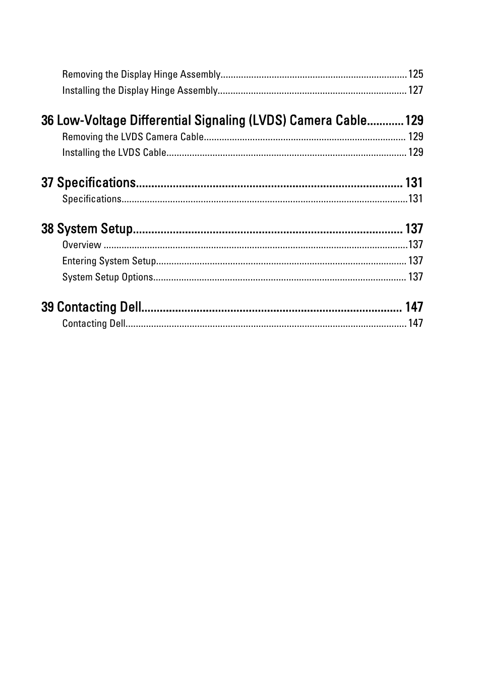 37 specifications, 38 system setup, 39 contacting dell | Dell Latitude XT3 (Mid 2011) User Manual | Page 8 / 147