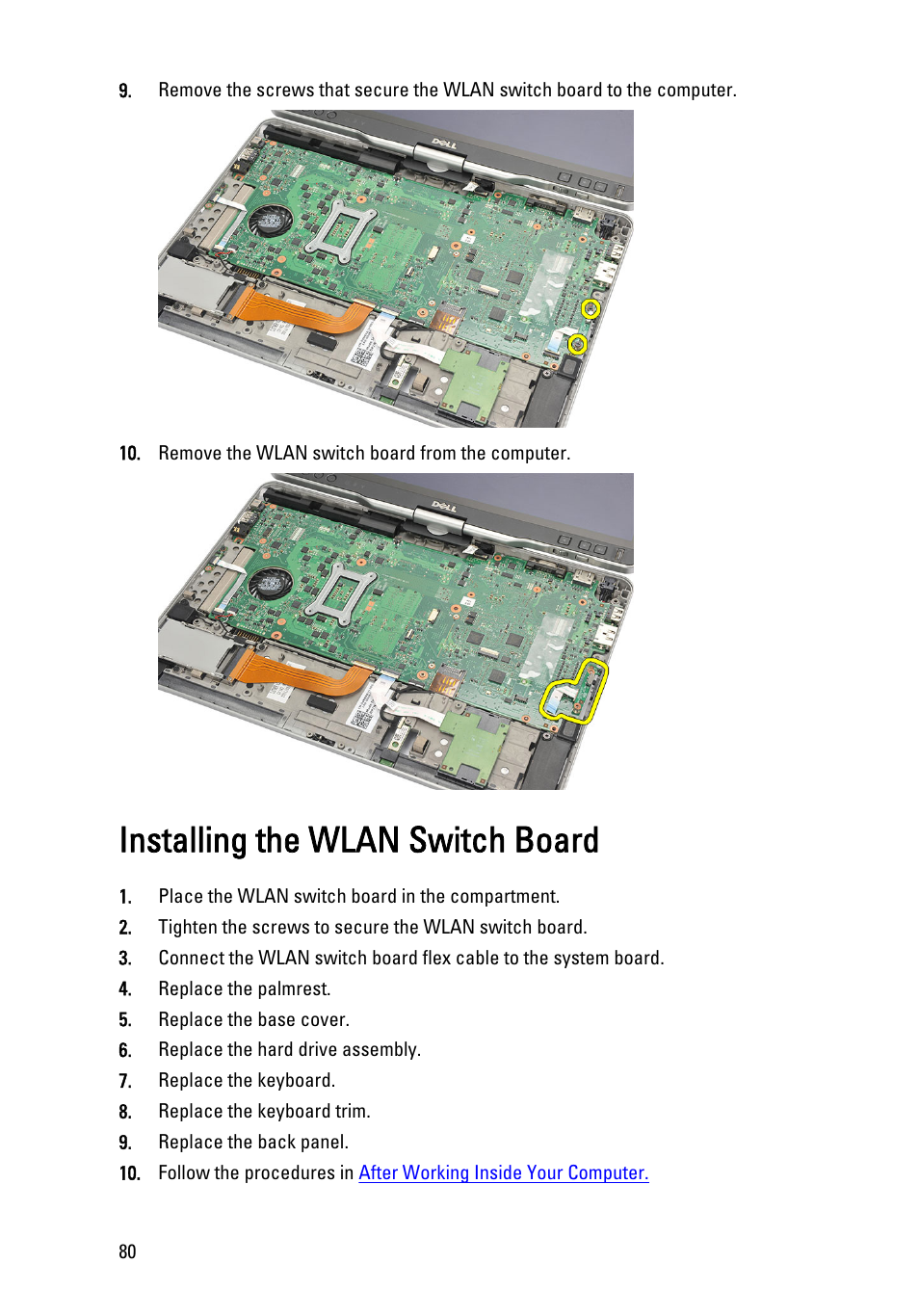 Installing the wlan switch board | Dell Latitude XT3 (Mid 2011) User Manual | Page 80 / 147