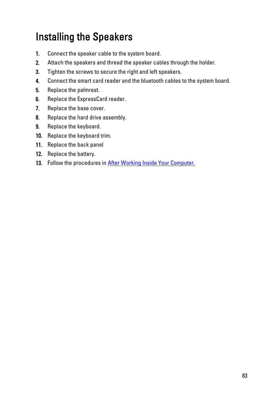 Installing the speakers | Dell Latitude XT3 (Mid 2011) User Manual | Page 83 / 147