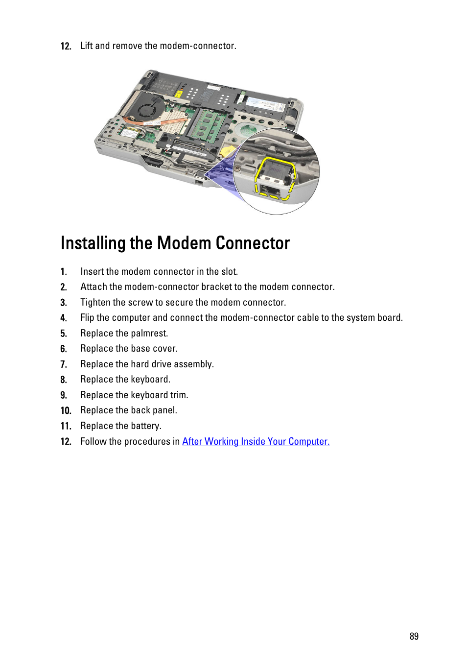 Installing the modem connector | Dell Latitude XT3 (Mid 2011) User Manual | Page 89 / 147