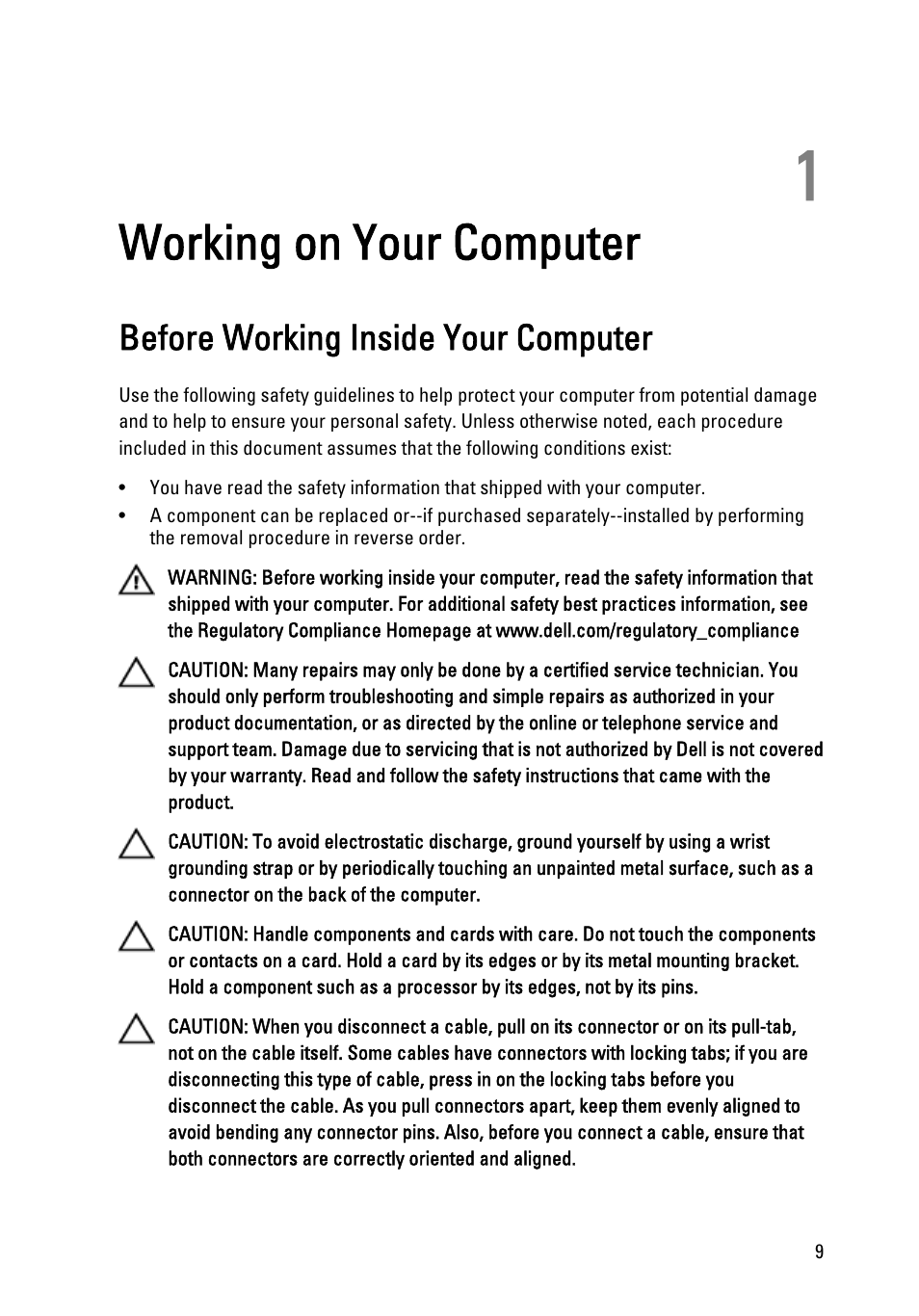 Working on your computer, Before working inside your computer, 1 working on your computer | Dell Latitude XT3 (Mid 2011) User Manual | Page 9 / 147