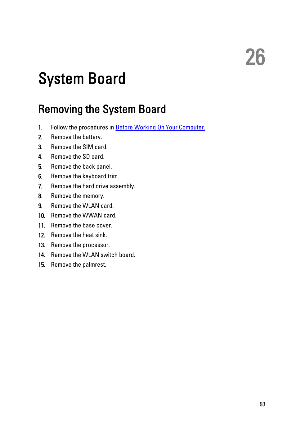 System board, Removing the system board, 26 system board | Dell Latitude XT3 (Mid 2011) User Manual | Page 93 / 147