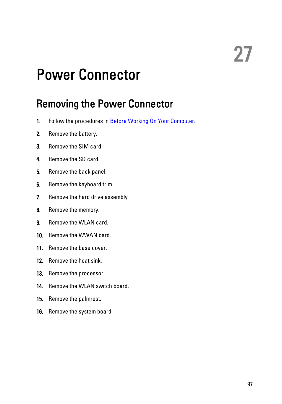 Power connector, Removing the power connector, 27 power connector | Dell Latitude XT3 (Mid 2011) User Manual | Page 97 / 147